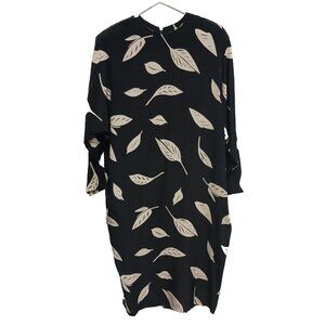 VTG 80s Yeohlee New York Womens Midi Dress Small Black Cream Leaf Print Silk